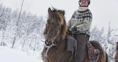 photo  floriane colonnier, montant leó, un des 11 chevaux islandais de la ferme équestre « horses of taïga », qu’elle gère avec sa compagne rianne kindt dans le nord de la suède, à svansele, hameau de 62 habitants. 